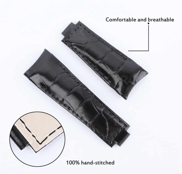 Best quality genuine OEM handmade aftermarket black Curved End link alligator crocodile belly-scale high-end replacement Rolex Submariner black leather watch strap and watch band for sale - Shop the high-end custom Alligator straps and watchbands 20mm at a low price