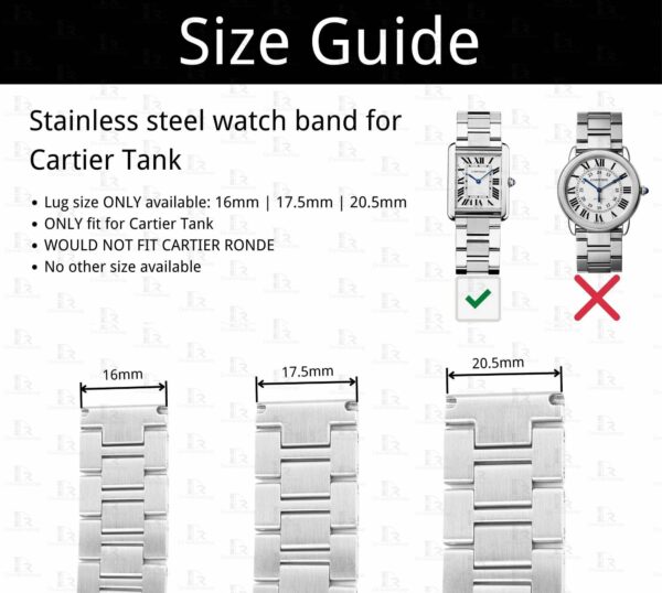 stainless steel watch band lug size for Cartier Tank Replacement Stainless Steel bracelet fit for Cartier Tank