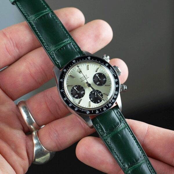 Handmade leather watch strap Green Alligator Belly scale