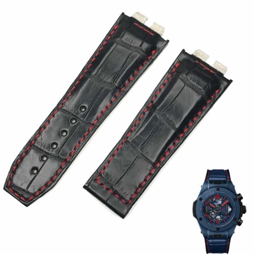 1626092894-Hublot-Unico-big-bang-black-alligator-leather-strap-red-accents Hublot Big Bang Unico straps handmade for sale Black alligator leather with red accents
