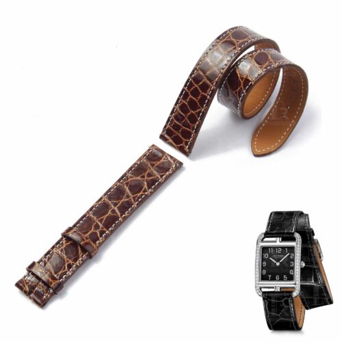 replacement Hermes double strap loop wrap watch band for sale alligator leather Handmade best quality alligator crocodile round-scale leather Hermes watch band and watch strap Double tour replacement for sale - Brown double wrap watch bands online for Hermes Heure H Cape COD Arceau luxury watches 38mm 44mm