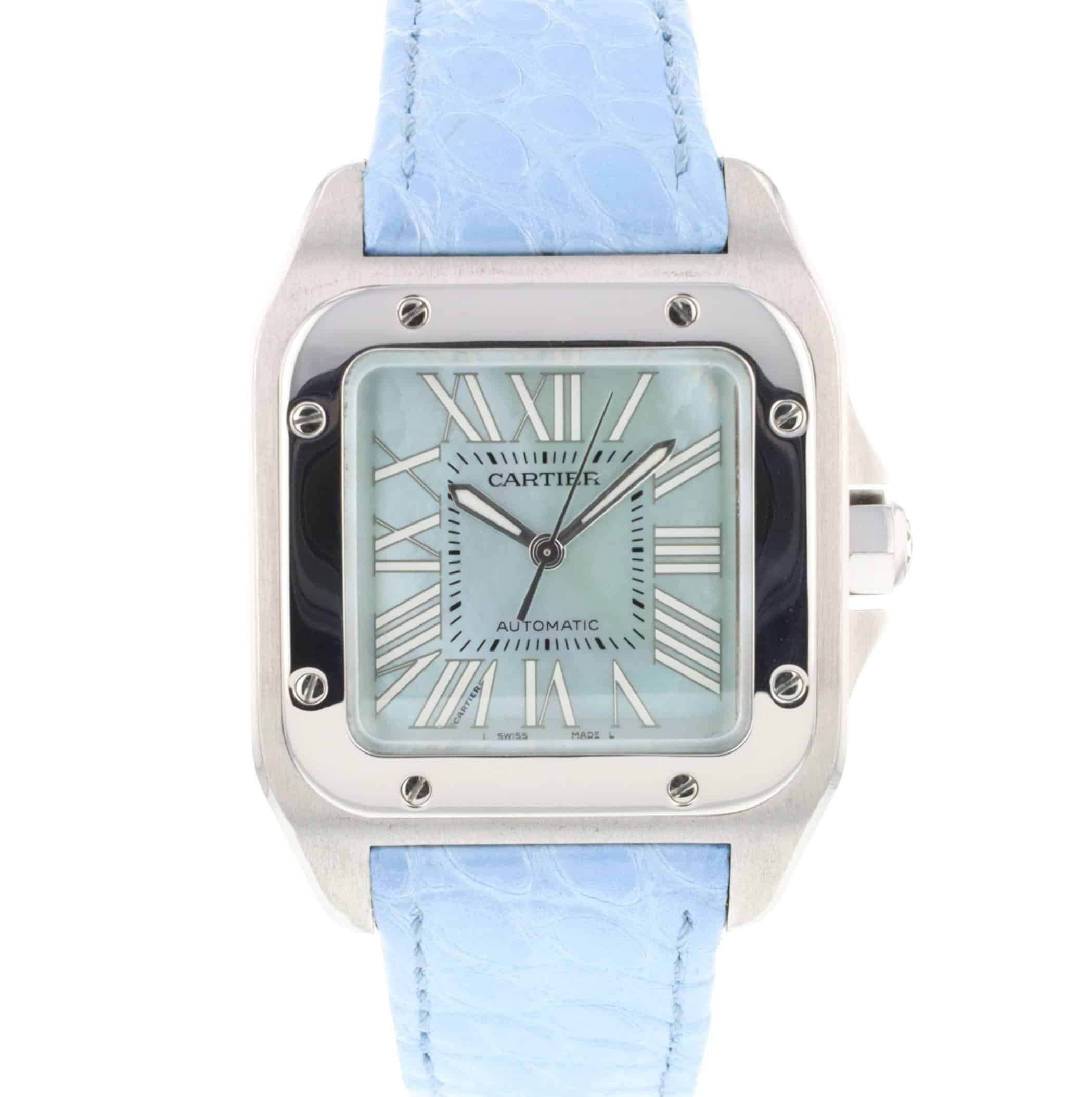 Santos100LightBlue Cartier Santos 100 leather strap replacement watch band for sale