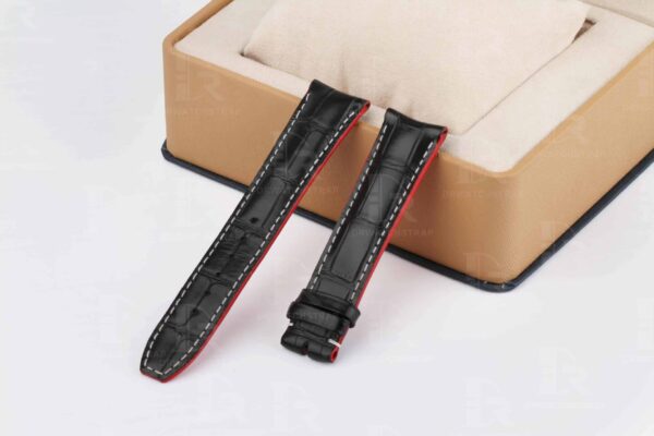 Curved end custom handmade black watchbands for Baume & Mercier strap with red oil edge Curved end custom handmade black watchbands for Baume & Mercier strap with red oil edge