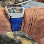 Cartier Roadster on wrist with custom black calfskin leather strap replacement