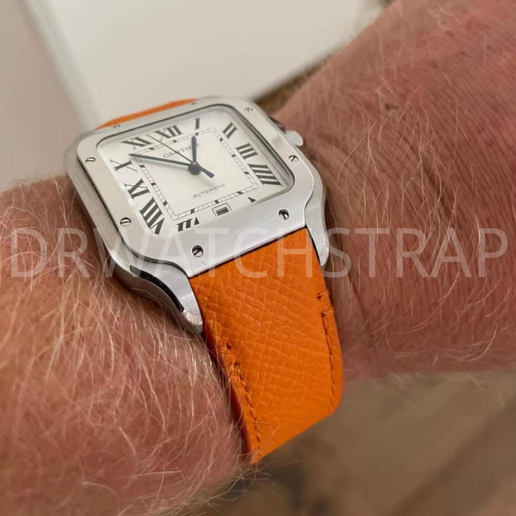 Custom Orange Epsom Leather watch strap for Cartier Santos Large 40mm and Medium 35mm