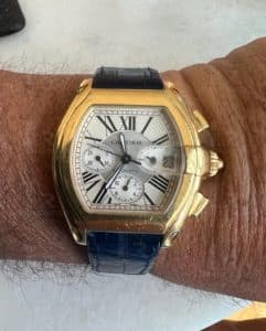 Cartier Roadster Chronograph on Wrist with custom orange alligator leather strap