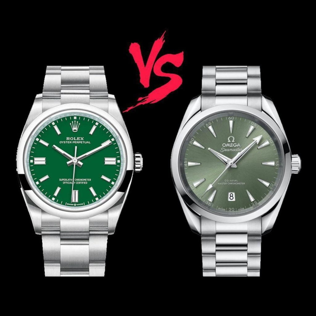 Omega Aqua Terra vs Rolex Oyster Perpetual green colorful dial