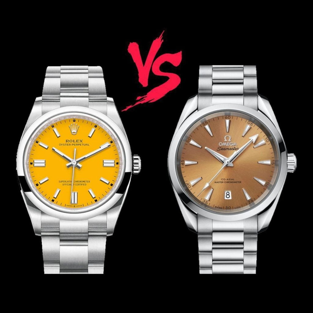 Omega Aqua Terra vs Rolex Oyster Perpetual yellow colorful dial