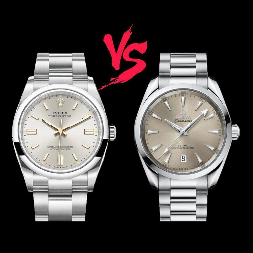 Omega Aqua Terra vs Rolex Oyster Perpetual gray colorful dial