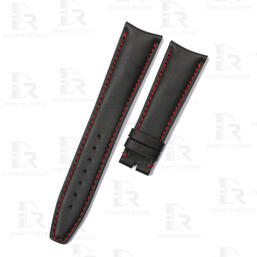 Custom curved leather watch strap 20mm black calfskin red stitching (1) Custom curved leather watch strap 20mm black calfskin red stitching (1)